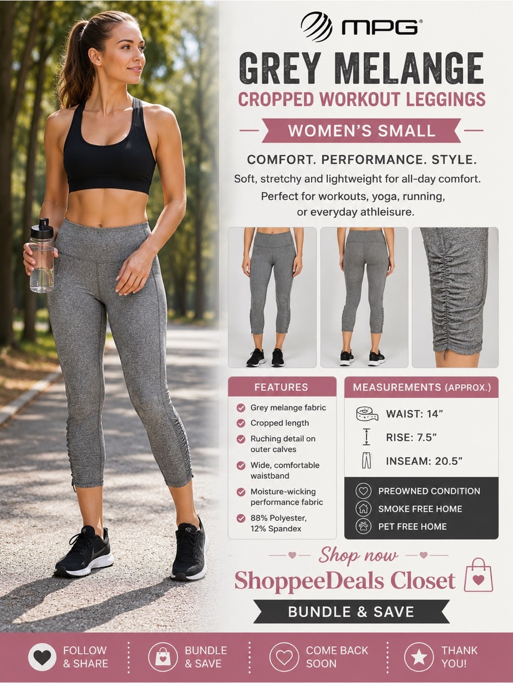 MPG Sport Grey Melange Cropped Workout Leggings – Women’s Small